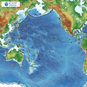 Bathymetric map of Oceania region, showing a plethora of IODP drill site